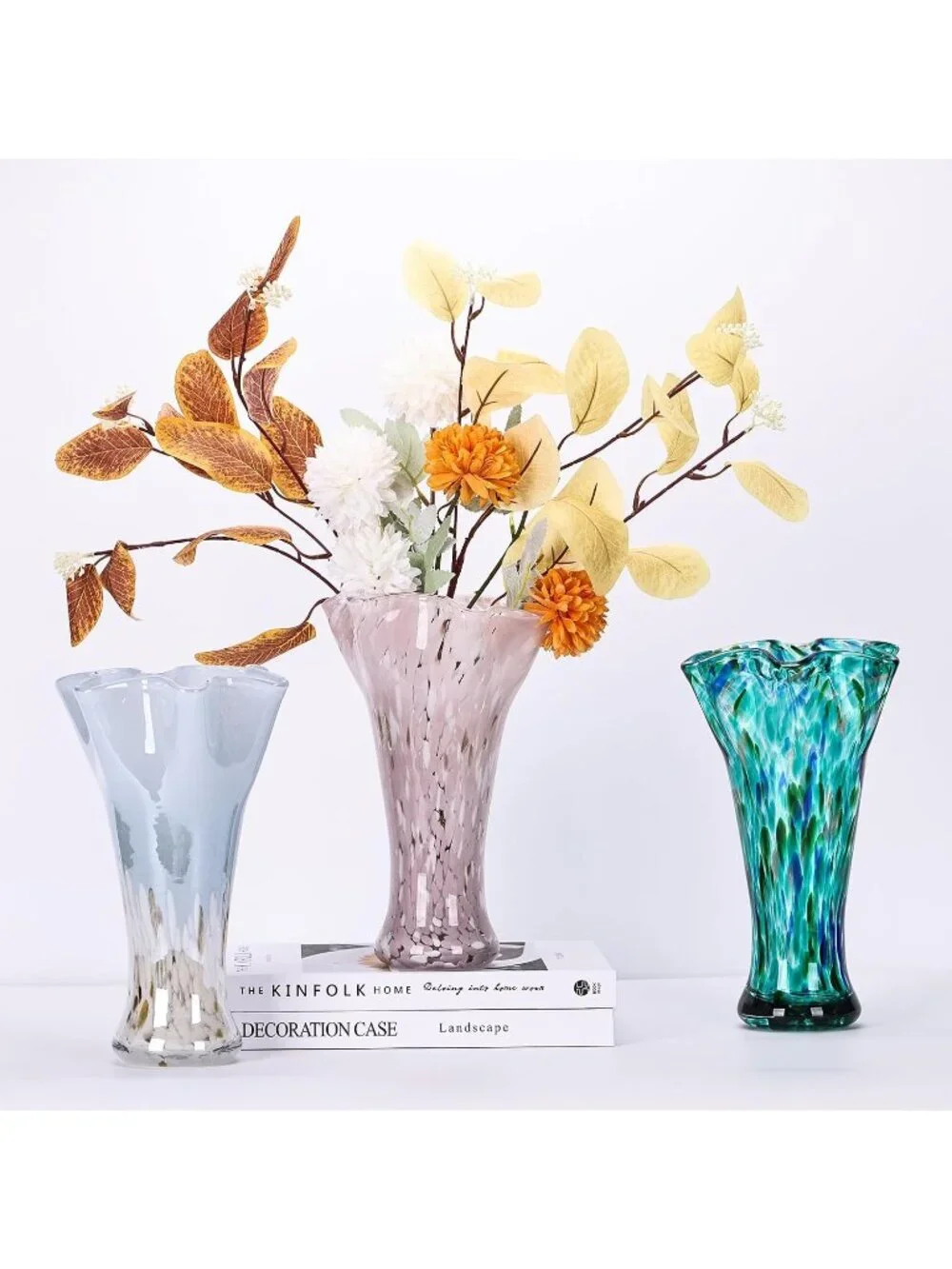 9.0 Pink Glass Vases For Flower Bouquet Unique Hand Blown Wide Mouth Shelf Deco